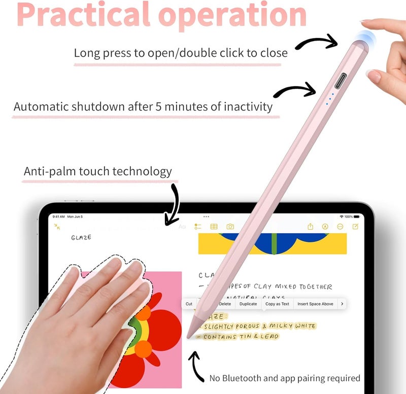 HZD Stylus Pen for iPad 2025-2018 Faster Charge Apple Pencil with Tilt Sensitivity & Palm Rejection & Magnetic Compatible iPad 11/10/9/8/7/6, Pad Air 3/4/5, Pro 12.9"/11", Mini 6/5, M2/M4 Rose - Image 4